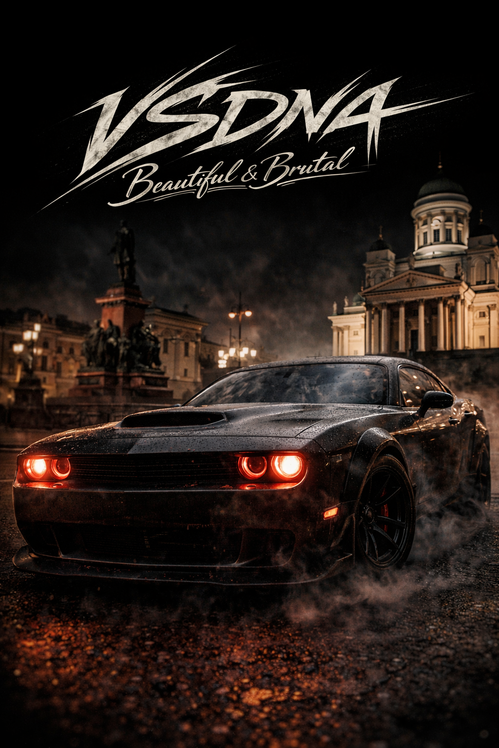 Black rear coupe in Helsinki, Finland, framed against helsinki cathedral / wet boulevard.