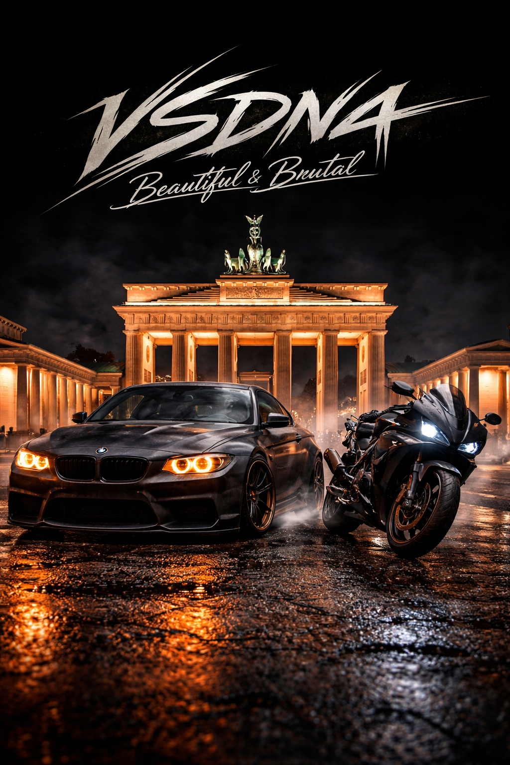 Car and motorcycle in Berlin, Germany, framed against brandenburg gate / wet stone approach.