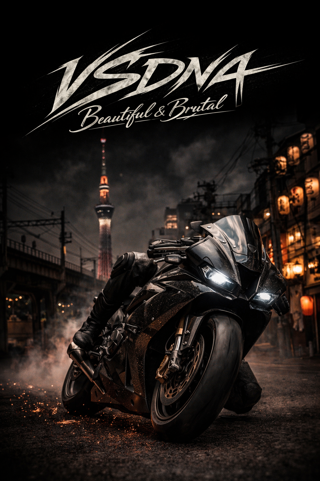 Black sport bike in Tokyo, Japan, framed against tokyo tower / dense side street.
