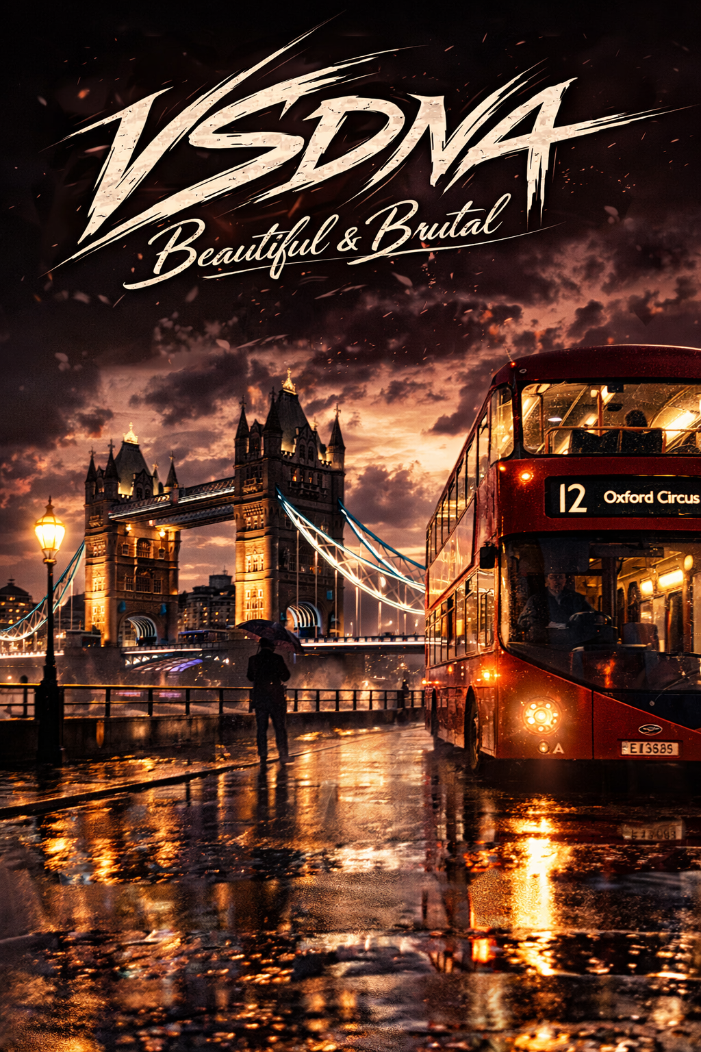 Night city route in London, United Kingdom, framed against tower bridge / river road.