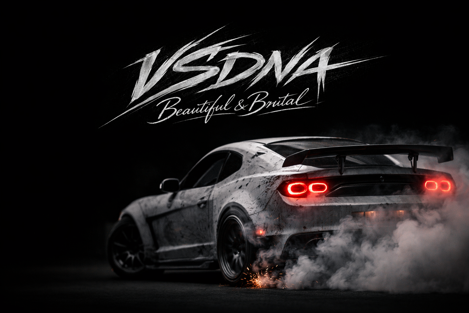 Black coupe in Los Angeles, United States, framed against industrial night road / smoke line.