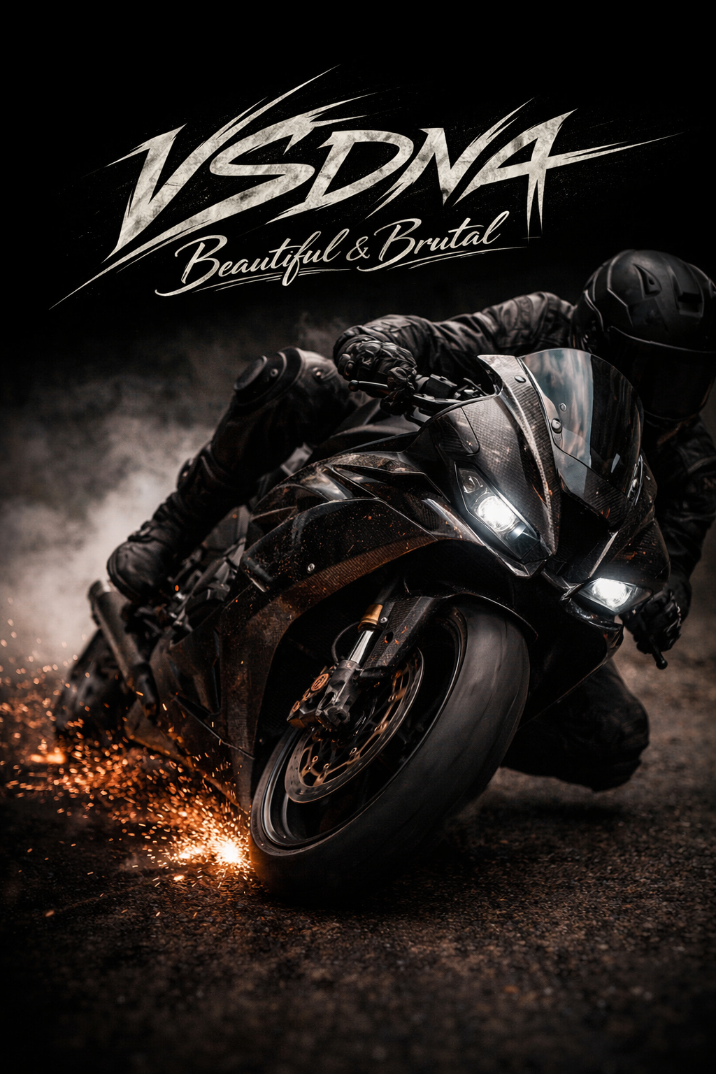Black sport bike in Los Angeles, United States, framed against industrial night road / lean angle.